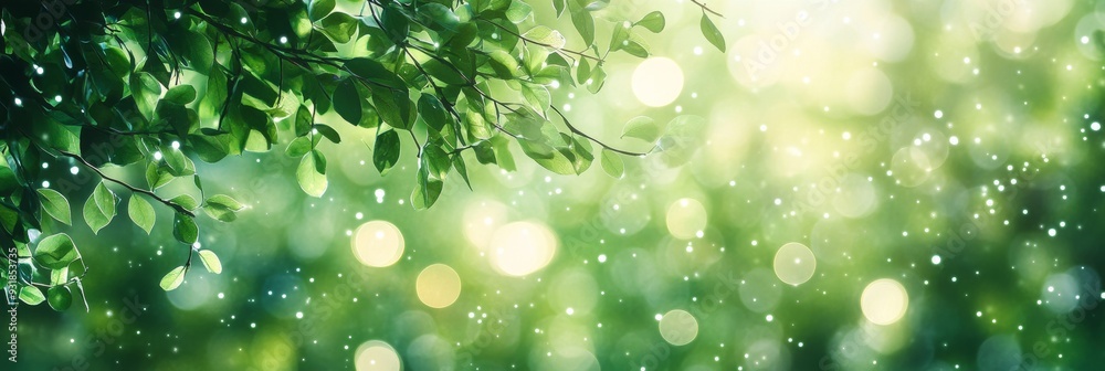 Fototapeta premium An abstract, sunny background featuring a vibrant mix of green trees, grass, and soft bokeh effects, with a bright, natural atmosphere and a focus on creating a cheerful and refreshing design