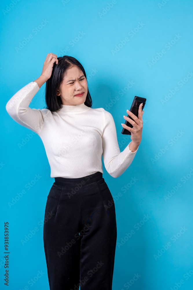 Women are doing various poses on a blue background. Women are doing various poses on a blue background.