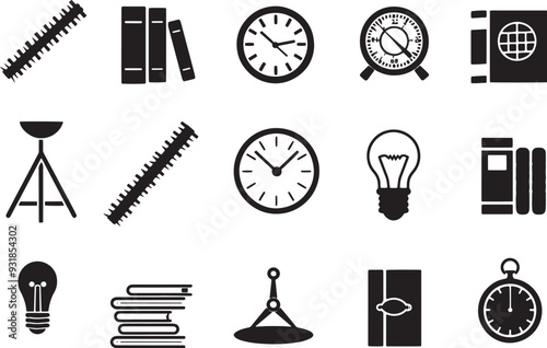 A minimalist vector icon set including a clock, protractor, library, and light bulb 