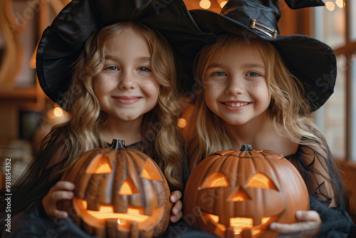 Happy girls in witch costumes at a Halloween party