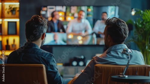 Businessmen sitting in office and having online conference with employees via TV screen Connecting with colleagues remotely Concept of business teamwork cooperation with colleagues : Generative AI