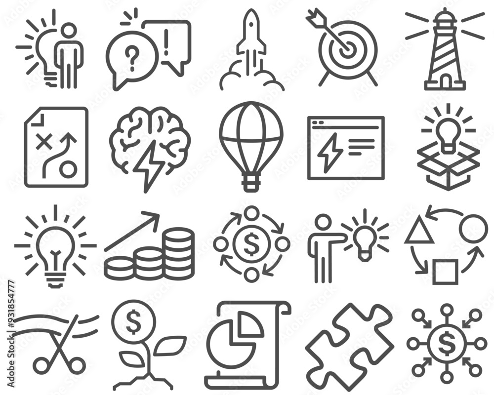 Simple set of startup vector line icons. Contains icons such as goal, idea out of the box, project launch and more. Editable stroke. Simple set of startup vector line icons. Contains icons such as goal, idea out of the box, project launch and more. Editable stroke.