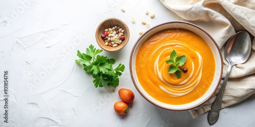 Sopa de calabaza servida en un tazón blanco, adornada con hojas de albahaca y semillas. Un plato cremoso y reconfortante, perfecto para los días frescos de otoño.