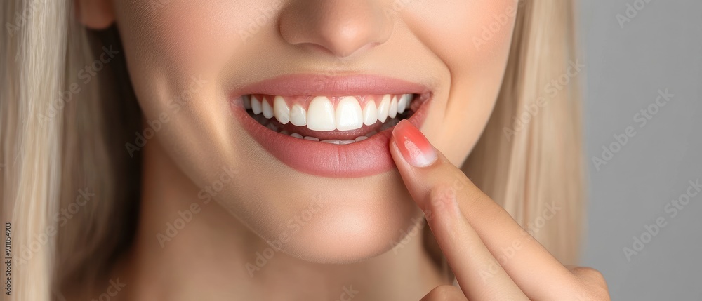 Close-up of a woman's smile with white teeth and pink lipstick Close-up of a woman's smile with white teeth and pink lipstick