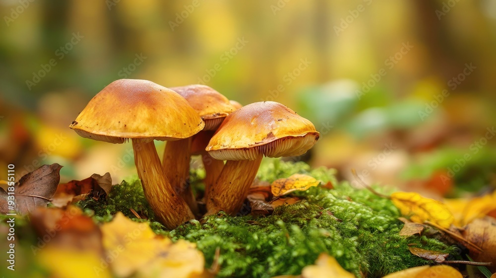 A close-up of brown mushrooms growing on a forest floor, surrounded by moss and leaves A close-up of brown mushrooms growing on a forest floor, surrounded by moss and leaves