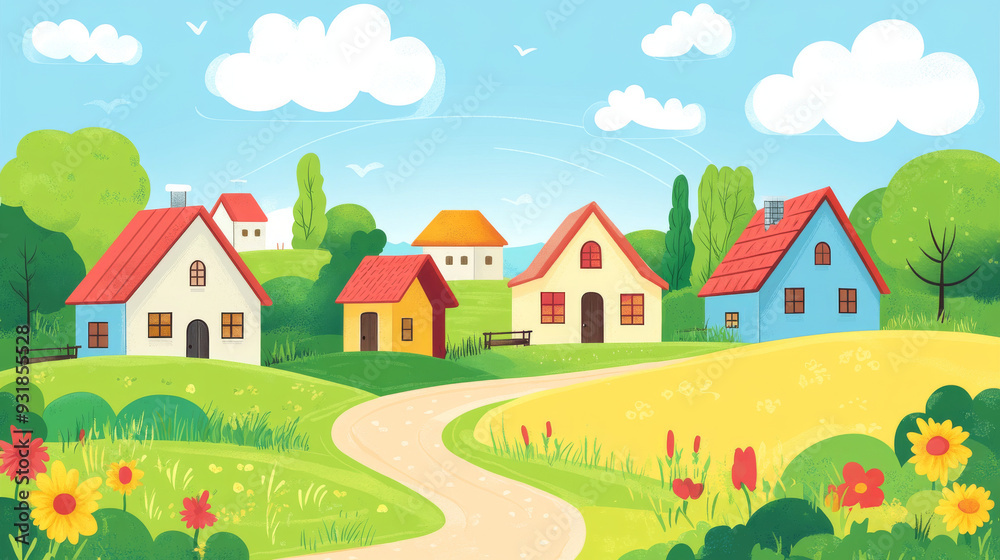 Country landscape featuring summer and nature elements. Vector illustrations of a village, town, farm, rural house, city, street, and bushes, ideal for posters, backgrounds, or banners. Country landscape featuring summer and nature elements. Vector illustrations of a village, town, farm, rural house, city, street, and bushes, ideal for posters, backgrounds, or banners.
