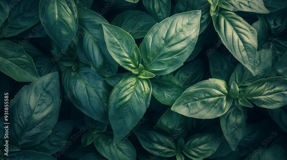 Basil leaves viewed from above, with soft light filling the frame. Basil leaves viewed from above, with soft light filling the frame.