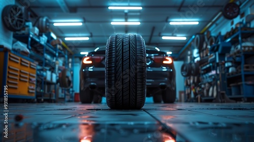 Low angle back rear view of a car vehicle and its tires at the repairing shop Concept of car maintenance service empty Copy space isolated on black background night scene : Generative AI photo