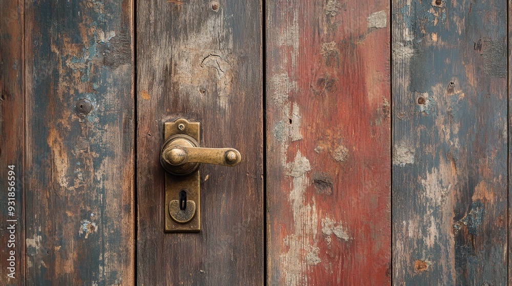 A rustic wooden door with an antique brass handle, showing signs of weathering and age A rustic wooden door with an antique brass handle, showing signs of weathering and age