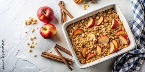 Crumble de manzana en una fuente para hornear, decorado con rodajas de manzana fresca y acompañado de canela y nueces. Un postre clásico de otoño, perfecto para compartir. photo