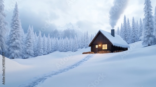 A small cabin in the snow surrounded by trees and a mountain, AI