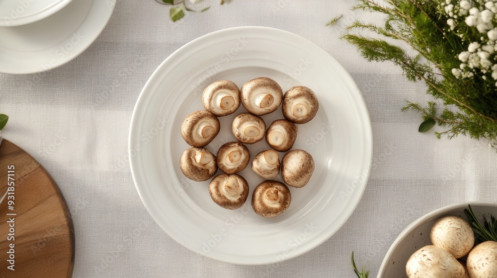 A top-down view of shiitake mushrooms on a white plate, surrounded by a clean kitchen setting A top-down view of shiitake mushrooms on a white plate, surrounded by a clean kitchen setting