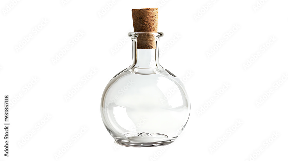 Transparent glass bottle with a cork stopper, detailed and isolated on a white background Transparent glass bottle with a cork stopper, detailed and isolated on a white background
