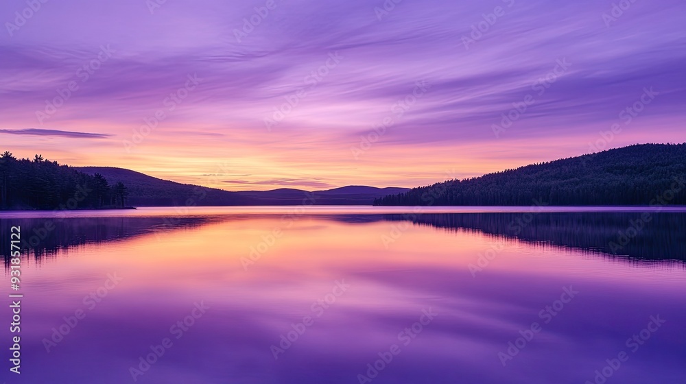 Fototapeta premium A tranquil purple-hued sunset over a calm lake, with reflections on the water's surface