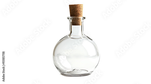 Transparent glass bottle with a cork stopper, detailed and isolated on a white background 