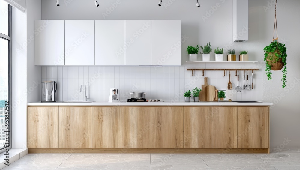 White and light wood kitchen cabinets with a white wall behind them, white tile backsplash White and light wood kitchen cabinets with a white wall behind them, white tile backsplash