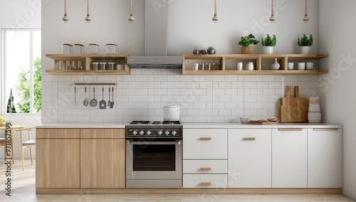 White and light wood kitchen cabinets with a white wall behind them, white tile backsplash