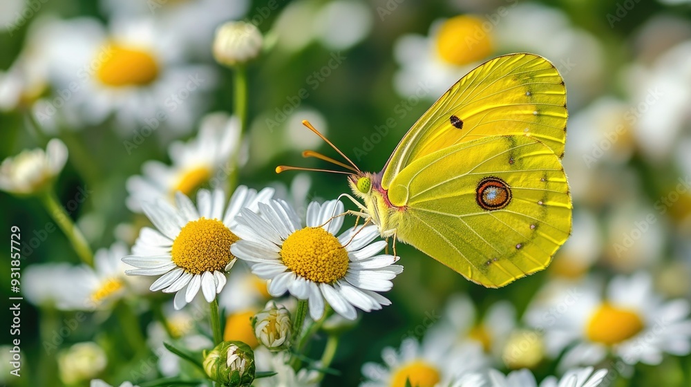 A yellow butterfly resting on a daisy, with its wings delicately spread open A yellow butterfly resting on a daisy, with its wings delicately spread open