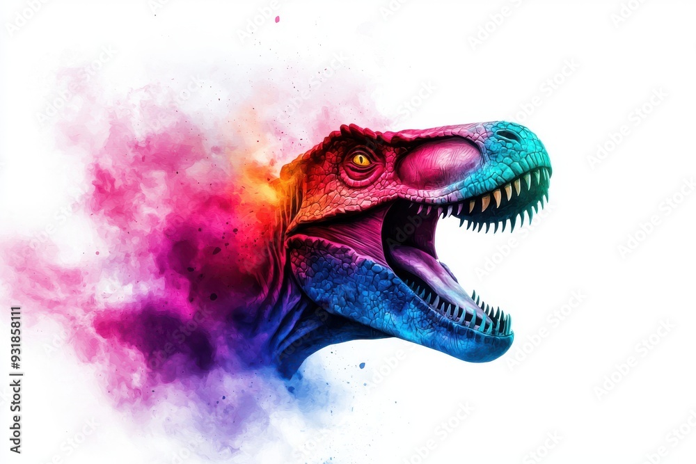 A vibrant illustration of a dinosaur head, bursting with colorful smoke and energy, perfect for creative projects and designs. A vibrant illustration of a dinosaur head, bursting with colorful smoke and energy, perfect for creative projects and designs.