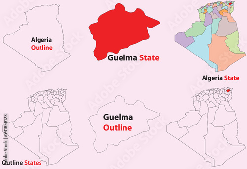 Guelma map vector of Algeria, Guelma line map, Guelma with city map, Guelma outline map photo