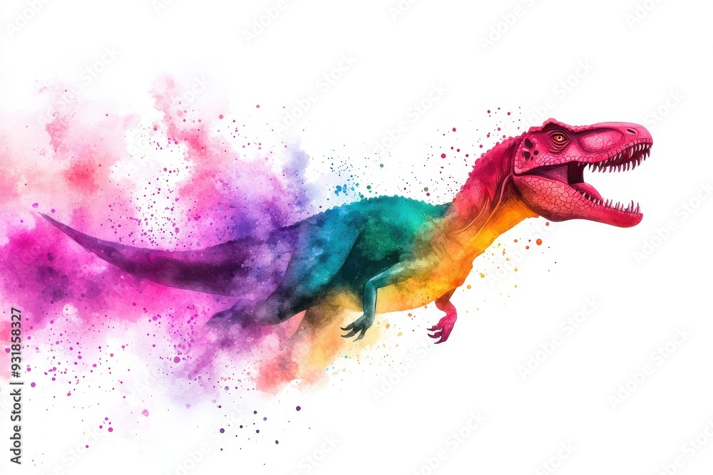 Obraz premium A vibrant, colorful dinosaur illustration with a splash of pink, blue, and yellow, perfect for art and children's themes.