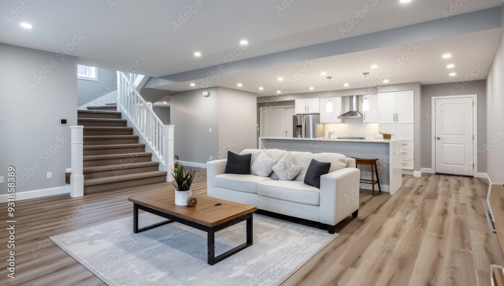 Beautiful basement with grey and white vinyl plank flooring, living room area with a large sofa and table Beautiful basement with grey and white vinyl plank flooring, living room area with a large sofa and table