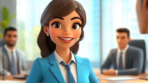 Joyful 3D cartoon businesswoman chatting with teammates in an office meeting