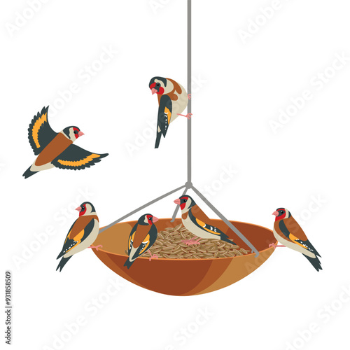 vector drawing wooden bird feeder and birds, European goldfinch at white background, hand drawn vector illustration