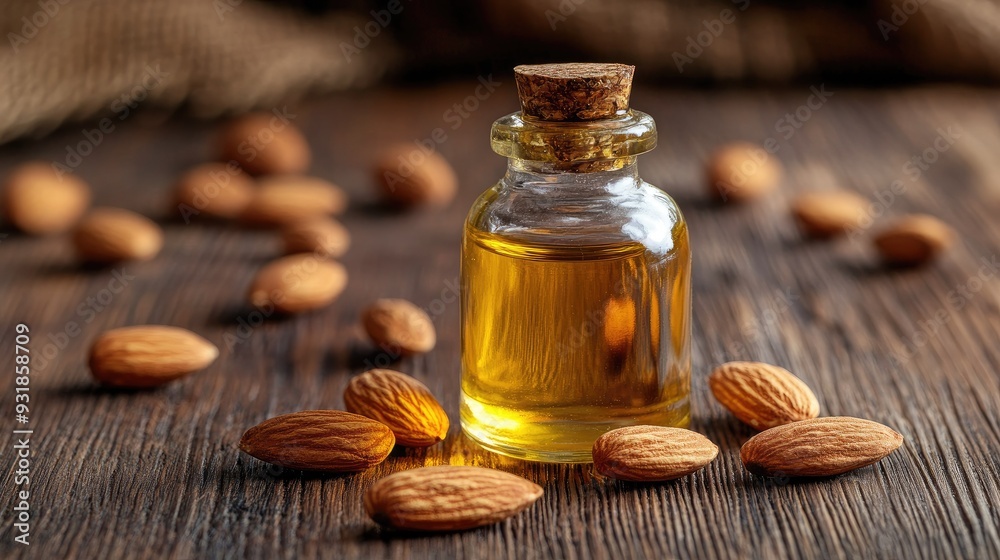 Almond oil in a small glass bottle, with whole almonds scattered around Almond oil in a small glass bottle, with whole almonds scattered around