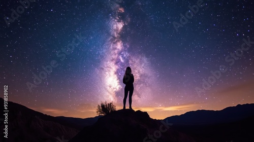 Silhouette of a Woman Admiring the Milky Way Over Mountains at Night