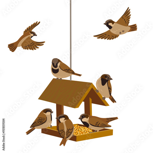 vector drawing bird feeder and sparrow birds, wooden bird house isolated at white background, hand drawn vector illustration