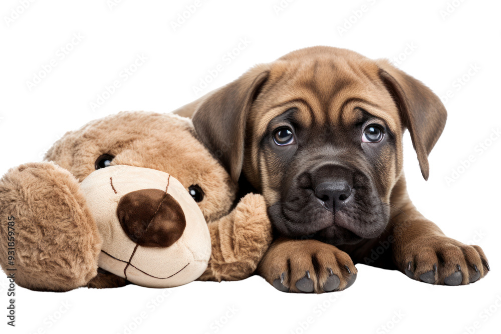 Obraz premium Cute Bordeaux puppy hugging a soft toy isolated on white background