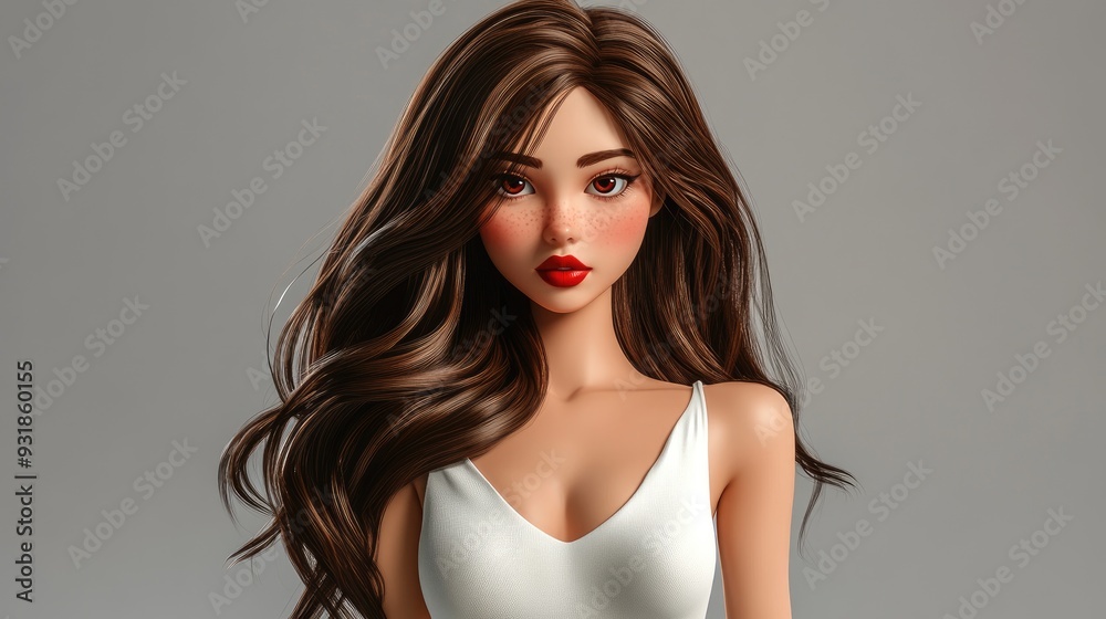 Fototapeta premium Stylish 3D Cartoon Character of a Young Woman with Long Brown Hair and Red Lips in a White Nightie Dress in a Studio with a Grey Background