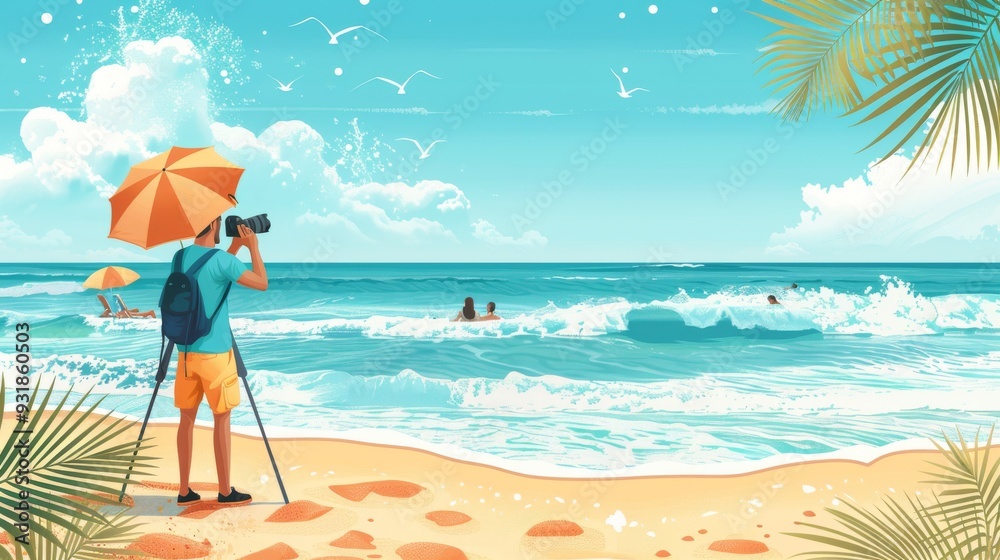 Bright and festive World Photography Day vector image with a photographer taking pictures at a beach, capturing the waves, surfers, and colorful beach umbrellas Bright and festive World Photography Day vector image with a photographer taking pictures at a beach, capturing the waves, surfers, and colorful beach umbrellas