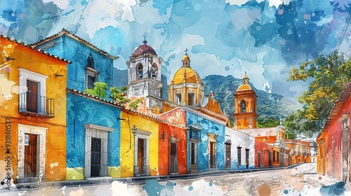 Colorful watercolor painting of a traditional Mexican