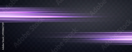 Speed rays, velocity light neon flow, zoom in motion effect, purple glow speed lines, colorful light trails, stripes. Abstract background, vector illustration.