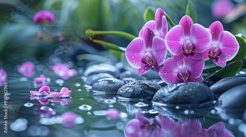 Beautiful orchid flower, stones, water