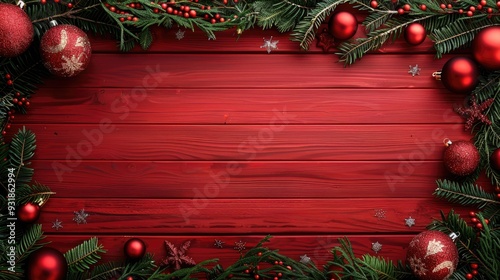 Christmas theme on red wooden surface with garland and decorations Artistic layout with space for text viewed from above Festive Christmas border