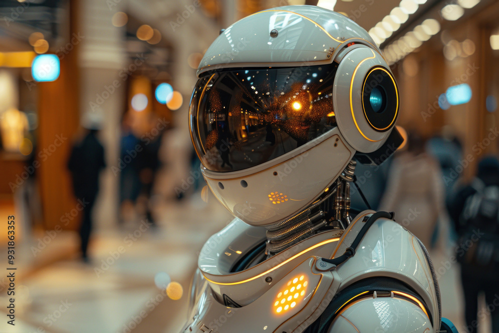 Humanoid AI robots assist guests in hotel lobby Humanoid AI robots assist guests in hotel lobby
