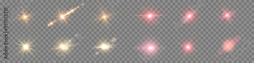 Red and gold lens flares set. Sun flash with rays or spotlight and bokeh. Isolated on transparent background. Glow flare light effect. Vector illustration.