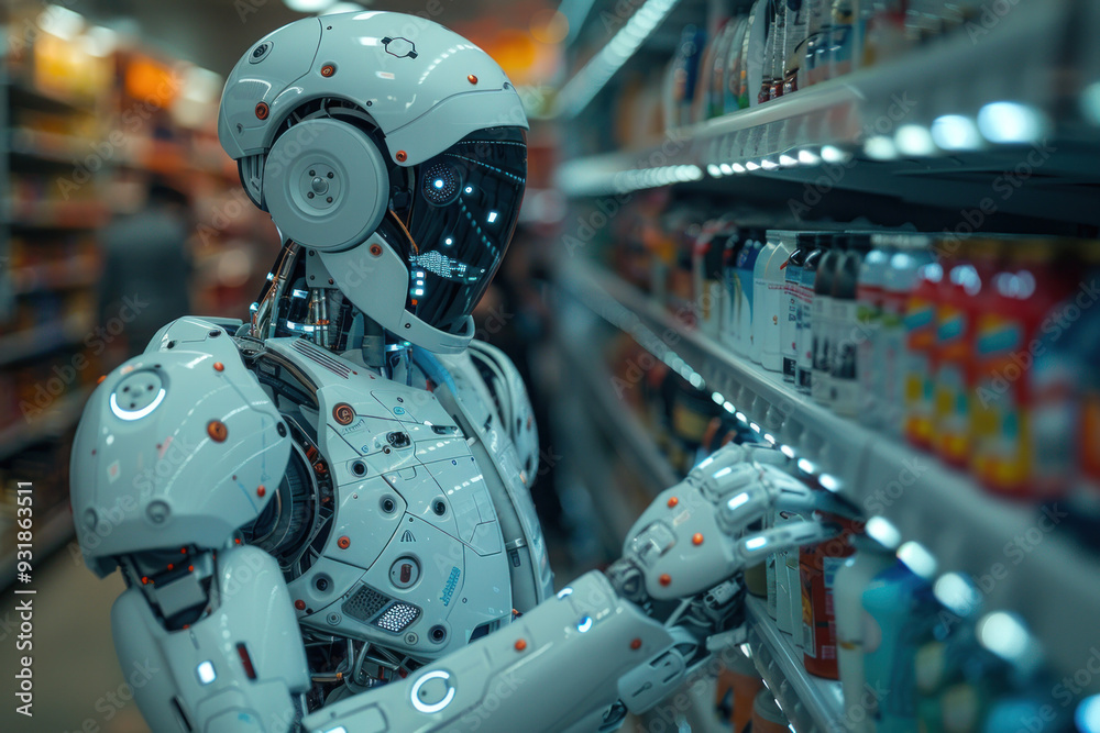 Humanoid robots assist in a bustling retail store Humanoid robots assist in a bustling retail store