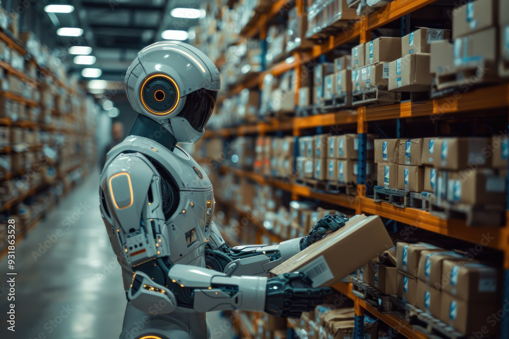 Fototapeta premium Robots sort packages in logistics hub