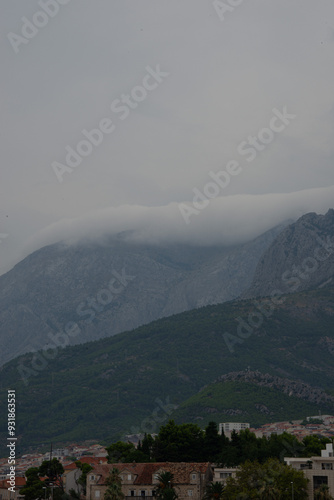 The mountain is covered with clouds,