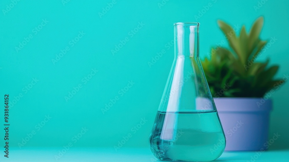 A clear glass flask containing water against a vibrant turquoise background, complemented by a potted plant for a modern touch.