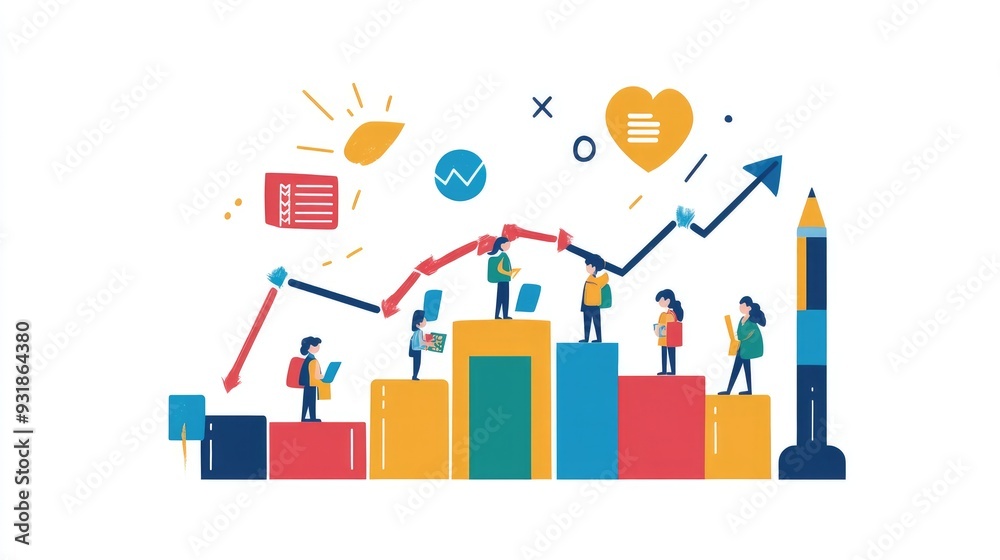Education infographic showing a rising graph of student performance, featuring school icons, set on a white background Education infographic showing a rising graph of student performance, featuring school icons, set on a white background