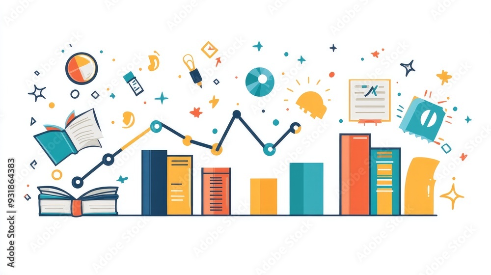 Education infographic of a student's achievement growth curve, featuring charts, books, and academic symbols, on white Education infographic of a student's achievement growth curve, featuring charts, books, and academic symbols, on white