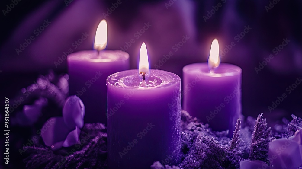 Purple candles lit in a dark room, casting a warm, soft glow and creating a peaceful atmosphere