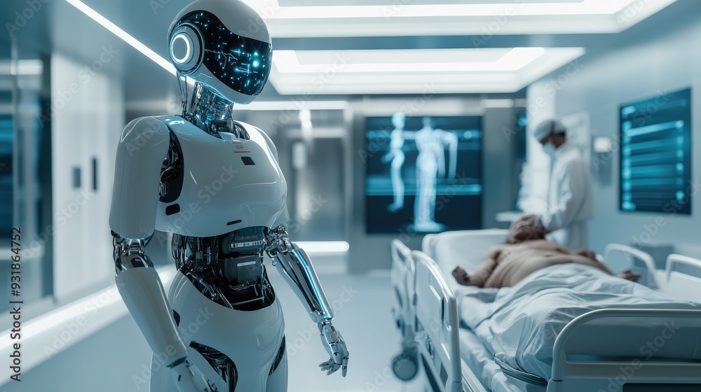 Futuristic robotic healthcare assistant providing care to a patient in a sleek modern hospital, symbolizing advanced human medical care Futuristic robotic healthcare assistant providing care to a patient in a sleek modern hospital, symbolizing advanced human medical care