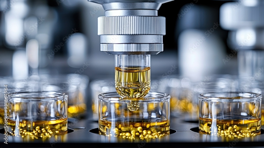 A close-up view of a precision instrument dispensing liquid into glass containers, showcasing modern laboratory technology. A close-up view of a precision instrument dispensing liquid into glass containers, showcasing modern laboratory technology.