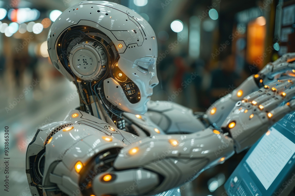 Fototapeta premium Humanoid robots install building utilities